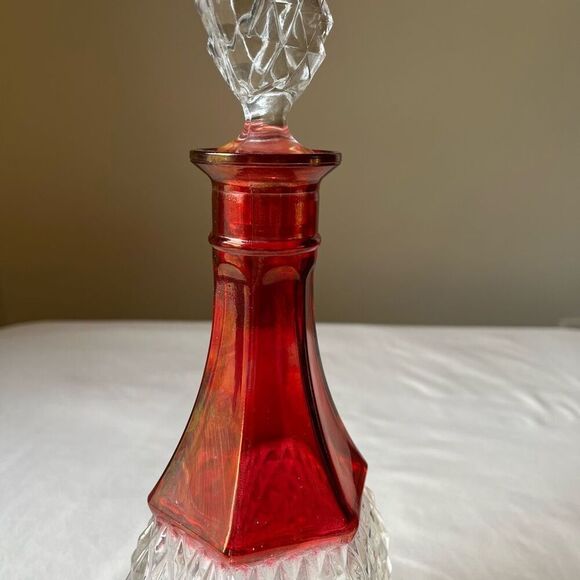 Vintage Ruby Red Diamond Point Glass Decanter with Stopper 12" Barware - Picture 10 of 12